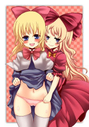 Rule 34 | &gt;:), 2girls, 78rr, :d, blonde hair, blue dress, blue eyes, blush, body blush, bow, bowtie, cameltoe, capelet, checkered background, clothes lift, dress, dress lift, female focus, highres, hip focus, hourai doll, long hair, looking at viewer, multiple girls, navel, open mouth, panties, panty pull, purple eyes, red background, red dress, shanghai doll, shiny skin, skindentation, smile, thigh gap, thighhighs, touhou, underwear, v-shaped eyebrows, very long hair