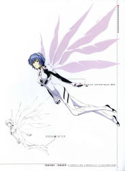 Rule 34 | 1girl, artist name, ayanami rei, blue hair, bodysuit, bracer, breasts, clenched hands, concept art, copyright name, female focus, flying, fukano youichi, full body, gloves, hair between eyes, hair ornament, headgear, highres, interface headset, leaning forward, long legs, looking at viewer, looking back, neon genesis evangelion, non-web source, official art, open mouth, page number, pale skin, parted lips, partially colored, pilot suit, plugsuit, red eyes, short hair, simple background, skin tight, skinny, small breasts, solo, turtleneck, white background, white wings, wings