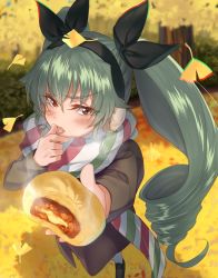 Rule 34 | 10s, 1girl, anchovy (girls und panzer), aqua hair, autumn, autumn leaves, baozi, black ribbon, blurry, blush, brown eyes, chromatic aberration, day, depth of field, drill hair, food, foreshortening, girls und panzer, hair ribbon, hairband, highres, kabocha (monkey4), licking, looking at viewer, outdoors, pantyhose, ribbon, scarf, solo, tongue, tongue out, twin drills, v-shaped eyebrows, white pantyhose