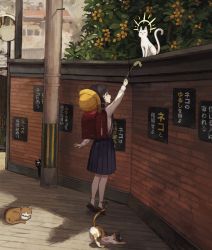 Rule 34 | 1girl, absurdres, arm up, backpack, bag, bag charm, black hair, black skirt, bow legwear, braid, brick wall, brown eyes, brown footwear, building, cat, cat teaser, charm (object), commentary, from side, hat, highres, kotobuki nashiko, long hair, open mouth, original, outdoors, outstretched hand, plant, school hat, shirt, shoes, skirt, socks, solo, standing, tiptoes, traffic mirror, translated, white shirt, white socks