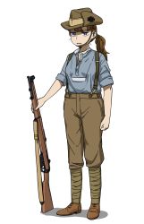 Rule 34 | 1girl, anyan (jooho), australian army, blue eyes, blue shirt, bolt action, brown footwear, brown hair, brown hat, brown pants, full body, gun, hat, highres, holding, holding weapon, lee-enfield, leg wrap, long hair, looking at viewer, military, military uniform, original, pants, ponytail, rifle, shirt, shoes, simple background, sleeves rolled up, solo, standing, suspenders, teeth, uniform, weapon, white background, world war i