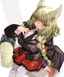 Rule 34 | 1girl, animal ear fluff, animal ears, arknights, black cape, black necktie, black sweater vest, braid, cape, cat ears, cat girl, cat tail, collared shirt, frilled skirt, frills, green eyes, green hair, hand on own chest, harmonie (arknights), harmonie (invitation) (arknights), highres, infection monitor (arknights), kochiya (gothope), layered sleeves, long hair, necktie, official alternate costume, official alternate hairstyle, pantyhose, plaid, plaid skirt, pleated skirt, shirt, single braid, sitting, skirt, smile, sweater vest, tail, tail ornament, tail ring, white pantyhose, white shirt