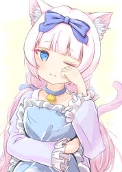 Rule 34 | 1girl, ;), absurdres, animal ear fluff, animal ears, bell, blue collar, blue eyes, blue ribbon, blunt bangs, cat ears, cat girl, cat tail, collar, commentary, fluno, frilled pillow, frills, hair ribbon, highres, jingle bell, long hair, long sleeves, looking at viewer, low twintails, neck bell, nekopara, hugging object, one eye closed, pillow, pillow hug, ribbon, rubbing eyes, simple background, smile, solo, tail, twintails, upper body, vanilla (nekopara), white hair