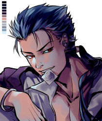 Rule 34 | 1boy, blue hair, color guide, condom, condom in mouth, cu chulainn (fate), cu chulainn (fate/stay night), earrings, edwintarm, fate/stay night, fate (series), highres, jewelry, long hair, male focus, mouth hold, open clothes, open shirt, pectoral cleavage, pectorals, ponytail, red eyes, solo