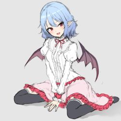 Rule 34 | 1girl, alternate costume, bat wings, black thighhighs, blue hair, commentary, frills, grey background, juliet sleeves, junior27016, long sleeves, looking at viewer, neck ribbon, no headwear, no shoes, open mouth, pink skirt, pointy ears, puffy sleeves, red eyes, red ribbon, remilia scarlet, ribbon, seiza, shirt, simple background, sitting, skirt, smile, solo, thighhighs, touhou, white shirt, wings