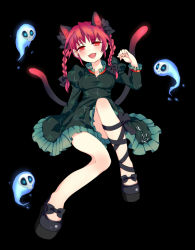 Rule 34 | 1girl, animal ears, braid, cat ears, cat girl, cat tail, dress, enone, extra ears, fang, female focus, floating skull, ghost, kaenbyou rin, leg ribbon, open mouth, red eyes, red hair, ribbon, short hair, simple background, sitting, skull, smile, solo, tail, touhou, twin braids, twintails