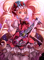 Rule 34 | 1girl, absurdres, aisaki emiru, cowboy shot, cure macherie, dress, earrings, electric guitar, gradient background, guitar, hair ornament, highres, hugtto! precure, instrument, jewelry, lipstick, long hair, looking at viewer, makeup, open mouth, pink background, pink dress, precure, puffy sleeves, red eyes, sakana sakanama, smile, solo, sparkle, thighhighs, white thighhighs