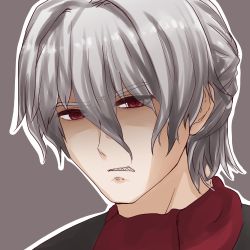 Rule 34 | 1boy, antonio salieri (fate), antonio salieri (second ascension) (fate), fate/grand order, fate (series), grey background, grey hair, hair between eyes, hair intakes, i.u.y, looking at viewer, male focus, outline, parted lips, portrait, red eyes, red scarf, scarf, sharp teeth, solo, teeth, v-shaped eyebrows, white outline