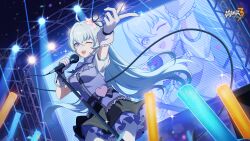 Rule 34 | 1girl, ahoge, alternate costume, blue eyes, blue hair, chinese commentary, concert, gloves, hair ornament, highres, holding, holding microphone, honkai (series), honkai impact 3rd, idol, light blue hair, logo, long hair, microphone, microphone stand, official art, official wallpaper, one eye closed, open mouth, outdoors, screen, shigure kira, skirt, solo, standing, white gloves, wire