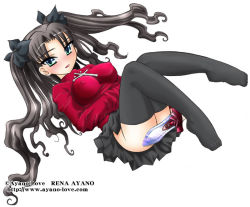 Rule 34 | 00s, 1girl, ayano rena, black thighhighs, blush, breasts, covered erect nipples, fate/stay night, fate (series), female focus, long hair, looking at viewer, no panties, no shoes, simple background, skirt, solo, thighhighs, tohsaka rin, turtleneck, twintails, two side up, white background, zettai ryouiki
