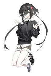 Rule 34 | 1girl, apple hair ornament, black footwear, black hair, black sweater, blue eyes, double v, female focus, food-themed hair ornament, grey shorts, hair ornament, hairclip, highres, looking at viewer, original, shoes, shorts, simple background, sleeves past wrists, solo, sweater, twintails, v, white background, xxxsoiu1