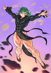 Rule 34 | 1girl, abs, alternate body size, bare legs, black dress, dress, extreme muscles, female focus, floating, green eyes, green hair, high heels, highres, legs, muscular, one-punch man, pelvic curtain, pokkuti, skin tight, solo, tatsumaki, thick thighs, thighs