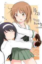 Rule 34 | anglerfish, black gloves, black hair, black neckerchief, blouse, blush, brown eyes, brown hair, closed eyes, closed mouth, commentary request, dated, emblem, english text, fish, flying sweatdrops, frown, girls und panzer, gloves, green skirt, hairband, happy birthday, hug, long hair, long sleeves, looking at another, looking back, miniskirt, motion lines, neckerchief, nishizumi miho, ooarai school uniform, open mouth, partial commentary, pleated skirt, reizei mako, sailor collar, school uniform, serafuku, shirt, short hair, skirt, sleeping, sleeping upright, standing, sweatdrop, tsuchii (ramakifrau), white hairband, white sailor collar, white shirt, zzz