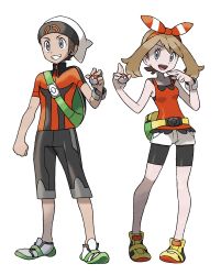 Rule 34 | 00s, 10s, 1boy, 1girl, absurdres, alternate costume, armpits, backpack, bag, bandana, bare shoulders, belt, bike shorts, blue eyes, blush, bow, breasts, brendan (pokemon), brendan (pokemon oras), brown hair, collarbone, creatures (company), fanny pack, fingernails, game freak, hair bow, hair ribbon, hairband, handbag, highres, hip focus, holding, holding poke ball, looking at viewer, may (pokemon), may (pokemon oras), nail, nintendo, official art, open mouth, outstretched arms, poke ball, pokemon, pokemon oras, pokemon rse, red shirt, ribbon, shirt, short hair, shorts, simple background, sketch, sleeveless, small breasts, smile, spread arms, sugimori ken, tongue, wristband