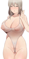Rule 34 | 1girl, blush, breasts, choco monaka, clothes grab, closed eyes, female focus, grabbing, green hair, highres, large breasts, long hair, nipples, open mouth, ponytail, pussy, pussy juice, simple background, solo, swimsuit, uzaki-chan wa asobitai!, uzaki tsuki, white background