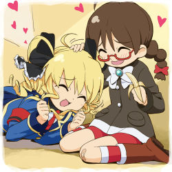 Rule 34 | 10s, 2girls, :d, ^ ^, ahoge, akechi kokoro, armband, banana, bandaid, bandaid on knee, bandaid on leg, black ribbon, blazer, blonde hair, blue jacket, boots, border, bow, braid, brown coat, brown footwear, brown hair, buttons, c-lop, child, clenched hands, closed eyes, coat, collar, drill hair, eyebrows, facing another, food, freckles, frilled ribbon, frills, fruit, full body, gem, glasses, hair bow, hair ornament, hair ribbon, hand on another&#039;s head, hands up, happy, headpat, heart, highres, holding, holding food, holding fruit, irene doala, jacket, kneehighs, long hair, long sleeves, lying, motion lines, multiple girls, neck ribbon, necktie, open mouth, pat, police, police uniform, red-framed eyewear, red bow, red necktie, red shorts, ribbon, ringlets, semi-rimless eyewear, shoe soles, shorts, sitting, smile, socks, tantei opera milky holmes, twin braids, twintails, under-rim eyewear, uniform, wariza, white border, white ribbon, yellow background, |d