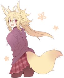 Rule 34 | 1girl, animal ears, black pantyhose, blonde hair, blush, borrowed character, breasts, cowboy shot, cropped legs, fang, floral background, fox ears, fox girl, fox tail, from side, hair between eyes, hands in pockets, hood, hoodie, long hair, looking at viewer, looking back, medium breasts, messy hair, open mouth, original, pantyhose, plaid, plaid skirt, pleated skirt, rechiko (yarareimu), red eyes, red skirt, ryuusei (ryuuseiseikou), sidelocks, simple background, skirt, smile, solo, tail, white background, yagi (ningen)