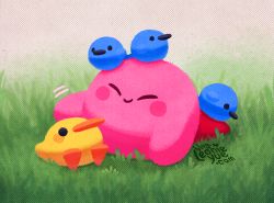 Rule 34 | 1boy, animal, animal focus, bird, blue bird, closed mouth, duck, duckling, closed eyes, grass, headpat, kirby, kirby&#039;s dream land, kirby (series), leonieyue, mixed-language commentary, nintendo, outdoors, smile