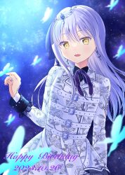 Rule 34 | 1girl, bang dream! girls band party!, birthday, dated, grey hair, happy birthday, highres, long sleeves, looking at viewer, minato yukina, open mouth, osumi izumi, smile, solo, yellow eyes