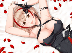 Rule 34 | 1girl, :d, armlet, armpits, arms up, azur lane, bare shoulders, bed sheet, black dress, blonde hair, blush, breasts, brown eyes, cleavage, collarbone, commentary request, cross, dress, dutch angle, earrings, evening gown, hair between eyes, hair ornament, halter dress, halterneck, highres, iron cross, jewelry, large breasts, looking at viewer, lying, multicolored hair, on back, open mouth, pazuzu438, petals, red hair, roon (azur lane), roon (dark red grin) (azur lane), short hair, sidelocks, smile, solo, streaked hair, upper body