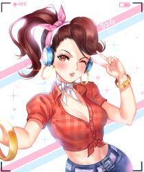 Rule 34 | 1girl, ;o, absurdres, bad id, bad pixiv id, bangle, belt, belt buckle, blush, bracelet, breasts, brown eyes, brown hair, buckle, buttons, checkered clothes, checkered shirt, cleavage, cruiser d.va, d.va (overwatch), denim, earrings, foreshortening, front-tie top, glint, hair ribbon, headphones, highres, hoop earrings, jeans, jewelry, long hair, medium breasts, midriff, nail polish, navel, official alternate costume, one eye closed, open mouth, outstretched arm, overwatch, overwatch 1, pants, pink ribbon, ponytail, red nails, red shirt, ribbon, selfie, shirt, short sleeves, solo, sparkle, stomach, ttaji (pass35), unbuttoned, upper body, viewfinder, white ribbon