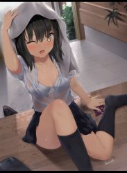Rule 34 | 1girl, absurdres, arm up, bag, black footwear, black hair, black skirt, black socks, blush, bow, bow bra, bra, breasts, brown eyes, collarbone, collared shirt, commentary, dress shirt, hair between eyes, highres, indoors, kneehighs, loafers, long hair, no shoes, on floor, one eye closed, open clothes, open mouth, open shirt, original, pleated skirt, rain, revision, school bag, school uniform, see-through, shirt, shoes, unworn shoes, short sleeves, signature, sitting, skirt, small breasts, socks, solo, symbol-only commentary, towel, towel on head, underwear, wet, wet clothes, wet hair, wet shirt, white bra, white ph, white shirt