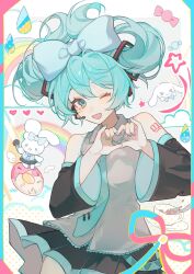 Rule 34 | 1girl, bare shoulders, black skirt, black sleeves, blue bow, blue eyes, blue hair, blue nails, blue necktie, blush, bow, cinnamiku, cinnamoroll, collared shirt, cosplay, detached sleeves, folded twintails, grey shirt, hair bow, hatsune miku, hatsune miku (cosplay), heart, heart hands, highres, hisakawa sora, long sleeves, looking at viewer, microphone, necktie, one eye closed, pink bow, pleated skirt, sanrio, shirt, skirt, smile, solo, star (symbol), tie clip, tied ears, updo, vocaloid