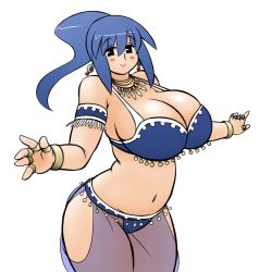 Rule 34 | 1girl, arabian clothes, armlet, bikini, black eyes, blue bikini, blue hair, bracelet, breasts, cleavage, dancing, earrings, esenoji, harem outfit, huge breasts, jewelry, large breasts, long hair, mature female, navel, necklace, nt-tan, os-tan, plump, ponytail, ring, see-through, simple background, solo, standing, swimsuit, white background