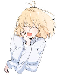 Rule 34 | 1girl, :d, ^ ^, ahoge, arcueid brunestud, arm up, artist name, blonde hair, blush, breasts, citron80citron, closed eyes, crossed arms, facing viewer, hair between eyes, hair intakes, head rest, highres, large breasts, long sleeves, open mouth, short hair, signature, simple background, smile, solo, sweater, tsukihime, turtleneck, turtleneck sweater, upper body, white background, white sweater