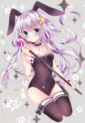 Rule 34 | 10s, 1girl, animal ears, bare shoulders, black thighhighs, blue eyes, blush, breasts, collar, covered navel, crescent, crescent hair ornament, detached collar, fake animal ears, fake tail, frilled collar, frilled thighhighs, frills, hair ornament, holding, holding staff, kantai collection, leotard, long hair, looking at viewer, moon (ornament), nogi takayoshi, playboy bunny, purple hair, rabbit ears, rabbit tail, ribbon, short hair, short hair with long locks, skirt, small breasts, solo, sparkle, sparkle background, staff, star (symbol), starry background, tail, thighhighs, wrist cuffs, yayoi (kancolle)