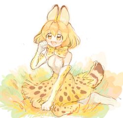 Rule 34 | 1girl, :d, animal ears, animal print, bare shoulders, between legs, bow, bowtie, clenched hands, dot nose, elbow gloves, fang, from side, full body, gloves, hair between eyes, hand between legs, hand up, high-waist skirt, kemono friends, looking at viewer, nanzuyo (gnsi), open mouth, orange eyes, orange hair, outdoors, paw pose, print bow, print bowtie, print gloves, print legwear, print neckwear, print skirt, serval (kemono friends), serval print, serval tail, shirt, short hair, sitting, skirt, sleeveless, sleeveless shirt, smile, solo, tail, tareme, traditional bowtie, wariza, white background, white shirt