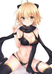 Rule 34 | 1girl, bare shoulders, between legs, bikini, black bikini, black bow, black gloves, black scarf, black thighhighs, blonde hair, blush, bow, breasts, cleavage, closed mouth, commentary request, elbow gloves, fate/grand order, fate (series), gloves, green eyes, hair between eyes, hair bow, hand between legs, hand up, medium breasts, nikoo, no shoes, okita j. souji (fate), okita j. souji (first ascension) (fate), okita souji (fate), okita souji (koha-ace), scarf, single glove, skindentation, smile, solo, swimsuit, thigh strap, thighhighs, v, white background