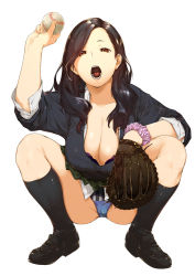 Rule 34 | 1girl, baseball, baseball glove, black socks, blue panties, bra, breasts, brown eyes, brown hair, character request, cleavage, commentary request, large breasts, long hair, looking at viewer, minakuchi takashi, open mouth, panties, scrunchie, simple background, socks, solo, squatting, tongue, underwear, white background
