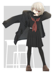 Rule 34 | 1girl, black pantyhose, black sailor collar, black serafuku, black shirt, black skirt, bob cut, brown eyes, brown footwear, brown hair, chair, closed mouth, coat, collarbone, commentary request, desk, dressing, duffel coat, full body, grey background, hair ornament, hairclip, hand up, loafers, long sleeves, looking away, looking to the side, neckerchief, original, pantyhose, pleated skirt, red neckerchief, sailor collar, school chair, school desk, school uniform, serafuku, shirt, shoes, skirt, solo, two-tone background, usui harusame, white background