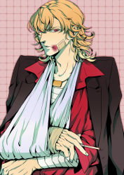 Rule 34 | 10s, 1boy, arm sling, bandages, blonde hair, bruise, cigarette, formal, injury, jewelry, k-996, male focus, necklace, ourobunny, red eyes, solo, suit, tiger &amp; bunny