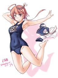Rule 34 | 1girl, armpits, blue one-piece swimsuit, character name, dated, full body, hair ornament, i-58 (kancolle), kantai collection, name tag, navel, one-piece swimsuit, pink hair, red eyes, sailor collar, sailor shirt, school swimsuit, shadow, shirt, unworn shirt, short hair, solo, swimsuit, tatsumi ray, twitter username