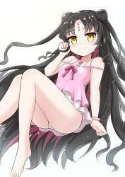 Rule 34 | absurdres, ass, barefoot, black hair, brown eyes, camisole, double bun, erobear, facial mark, fate/grand order, fate (series), feet, forehead mark, hair bun, hand in own hair, highres, knees up, legs, long hair, no pants, one-piece swimsuit, pink camisole, sessyoin kiara, sessyoin kiara (lily), sessyoin kiara (swimsuit mooncancer), simple background, sitting, smile, strap slip, swimsuit, swimsuit under clothes, thighs, toes, very long hair, white background, white one-piece swimsuit
