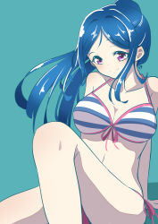 Rule 34 | 1girl, absurdres, artist name, artist request, bare legs, bare shoulders, bikini, blue background, blue bikini, blue hair, blush, breasts, cleavage, collarbone, feet out of frame, female focus, floating hair, front-tie bikini top, front-tie top, hair between eyes, high ponytail, highres, knee up, leg up, long hair, looking at viewer, love live!, love live! school idol festival, love live! sunshine!!, matsuura kanan, medium breasts, parted lips, ponytail, purple eyes, side-tie bikini bottom, sitting, smile, solo, string bikini, striped bikini, striped bikini top, striped clothes, swimsuit, wavy hair, white bikini