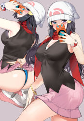 Rule 34 | 1girl, ass, bad id, bad twitter id, beanie, black hair, black shirt, blue eyes, blush, breasts, cellphone, clothes lift, creatures (company), dawn (pokemon), game freak, gen 4 pokemon, hair ornament, hairclip, hat, highres, large breasts, long hair, looking at viewer, marushin (denwa0214), multiple views, nintendo, phone, pink skirt, pokemon, pokemon (creature), pokemon dppt, red scarf, rotom, rotom (wash), rotom phone, scarf, shirt, sidelocks, skirt, sleeveless, sleeveless shirt, thighs, thong, white headwear, wristband
