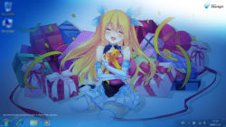 Rule 34 | 1girl, :d, aizawa hikaru, bare shoulders, blonde hair, blue eyes, box, closed eyes, gift, gift box, heart, highres, microsoft, hugging object, open mouth, silverlight, smile, solo, thighhighs