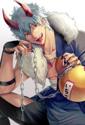 Rule 34 | 1boy, :d, black pants, chain, collarbone, drinking straw, fangs, gintama, gradient background, grey background, hair between eyes, highres, horns, looking at viewer, male focus, open mouth, pants, red eyes, sakata gintoki, shinomy, short hair, silver hair, smile, solo, tongue, tongue out, white background