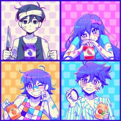 Rule 34 | + +, 1girl, 3boys, absurdres, artist name, aubrey (headspace) (omori), aubrey (omori), bandaged arm, bandages, bandaid, bandaid on arm, bandaid on face, bandaid on nose, black eyes, black hair, blood, blue shirt, blush, bow, closed mouth, collarbone, colored skin, expressionless, grin, hair bow, hero (headspace) (omori), hero (omori), highres, holding, holding jar, holding knife, jam, jar, kel (headspace) (omori), kel (omori), knife, long hair, long sleeves, looking at viewer, multiple boys, omori, omori (omori), one eye closed, open mouth, pajamas, parted lips, pink bow, purple eyes, purple hair, shirt, short hair, short sleeves, smile, tank top, teeth, watermark, white skin, zipsunz
