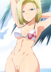 Rule 34 | 1girl, android 18, bikini, bikini top only, blonde hair, blue eyes, bob cut, bottomless, cleft of venus, collarbone, cowboy shot, dragon ball, dragonball z, earrings, highres, hoop earrings, jewelry, kaiga, looking at viewer, navel, outdoors, pussy, short hair, solo, standing, swimsuit, uncensored, underwear