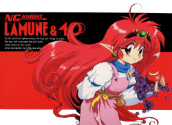 Rule 34 | 1990s (style), 1girl, apple, arara milk, copyright name, earrings, fingerless gloves, food, fruit, gloves, grapes, hair ornament, holding, holding food, jewelry, long hair, long sleeves, looking at viewer, ng knight lamune &amp; 40, non-web source, official art, pointy ears, red eyes, red hair, retro artstyle, solo