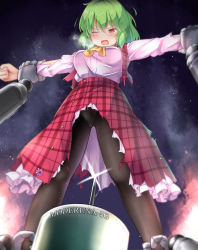 Rule 34 | 1girl, aka tawashi, ascot, black pantyhose, blush, breasts, breath, collared shirt, commentary, feet out of frame, frilled skirt, frills, from below, green hair, hair between eyes, heavy breathing, highres, holding, imminent injection, kazami yuuka, large breasts, legs, long skirt, long sleeves, looking down, night, one eye closed, open clothes, open mouth, open vest, outdoors, outstretched arms, panties, pantyhose, plaid, plaid skirt, plaid vest, red eyes, red skirt, red vest, restrained, shirt, short hair, skirt, skirt set, sky, solo, spread arms, standing, star (sky), starry sky, sweatdrop, syringe, torn clothes, torn skirt, torn vest, touhou, underwear, upskirt, vest, view between legs, wavy hair, white panties, white shirt, wince, yellow ascot