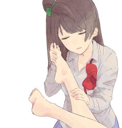 Rule 34 | 2girls, blue hair, blush, bow, bowtie, brown bow, brown eyes, brown neckwear, feet, funinki, green bow, hair between eyes, hair bow, hands on feet, holding another&#039;s foot, long hair, looking at another, love live!, love live! school idol project, minami kotori, multiple girls, parted lips, school uniform, shirt, side ponytail, simple background, sketch, sonoda umi, very long hair, white background, white shirt, yuri
