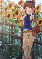 Rule 34 | 10s, 1girl, 2015, adjusting eyewear, akizuki ritsuko, antenna hair, bag, belt, between breasts, blue-framed eyewear, blush, breasts, brown eyes, brown hair, buckle, casual, converse, dated, fence, flower, folded ponytail, glasses, heart, idolmaster, idolmaster (classic), laki, crossed legs, looking at viewer, open mouth, outdoors, pants, plant, polo shirt, scrunchie, short hair, short sleeves, shoulder bag, small breasts, smile, solo, standing, strap between breasts, sunflower, wing collar, wrist scrunchie