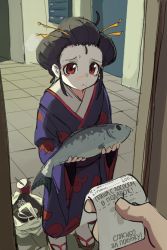 Rule 34 | 1girl, animal, black hair, commentary, cyrillic, doorway, english commentary, fish, food, food on face, geisha, hair ornament, hair stick, holding, holding animal, holding fish, japanese clothes, jean bomjan, kimono, looking at viewer, original, pov, pov hands, purple kimono, red eyes, russian text, sketch, solo focus, too literal, translated
