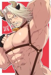 Rule 34 | 1boy, abs, alternate costume, animal ears, armpits, ass, bara, bare pectorals, beard, bell, blush, chest harness, chinese zodiac, cid nan garlond, cow boy, cow ears, cow horns, facial hair, final fantasy, final fantasy xiv, fingerless gloves, gloves, groin, happy new year, harness, horns, large pectorals, leather, male focus, mature male, medium hair, muscular, muscular male, mustache, navel, neck bell, new year, nipples, pectorals, silver hair, skindentation, solo, stomach, sugo6969, suspenders, upper body, year of the ox