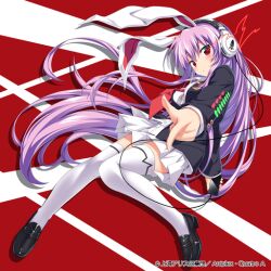 Rule 34 | 1girl, album cover, animal ears, black footwear, black jacket, blazer, blush, breasts, buttoned cuffs, buttons, cable, carrot print, cellphone, check commentary, collared shirt, commentary, commentary request, cover, finger gun, food print, headphones, holding, holding phone, jacket, light purple hair, loafers, long hair, long sleeves, looking at viewer, medium breasts, miniskirt, necktie, official art, phone, pointing, pointing at viewer, rabbit ears, rabbit girl, red background, red eyes, red necktie, reisen udongein inaba, shirt, shoes, skirt, smartphone, socks, thighhighs, touhou, touhou cannonball, ugume, very long hair, white headwear, white shirt, white skirt, white socks, white stripes